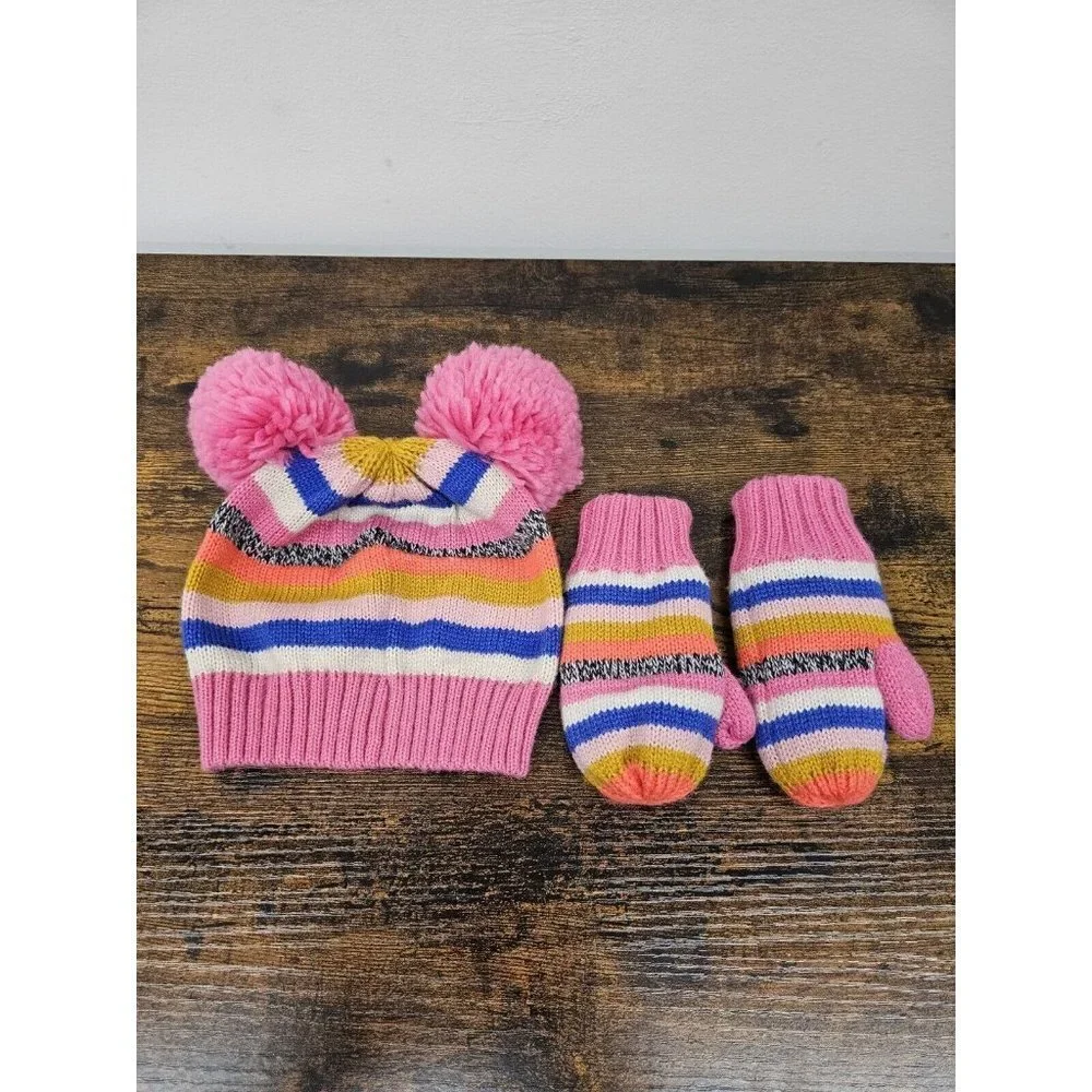 Gap Factory Knit Double Pom Beanie Hat And Mittens Set Girls Size S/M 2-3 Years